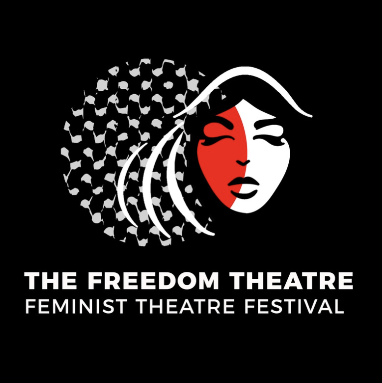 The Freedom Theatre Feminist Theatre Festival logo — a woman's face half red, half white with closed eyes, beside a circle of keffiyeh pattern and curved white lines.