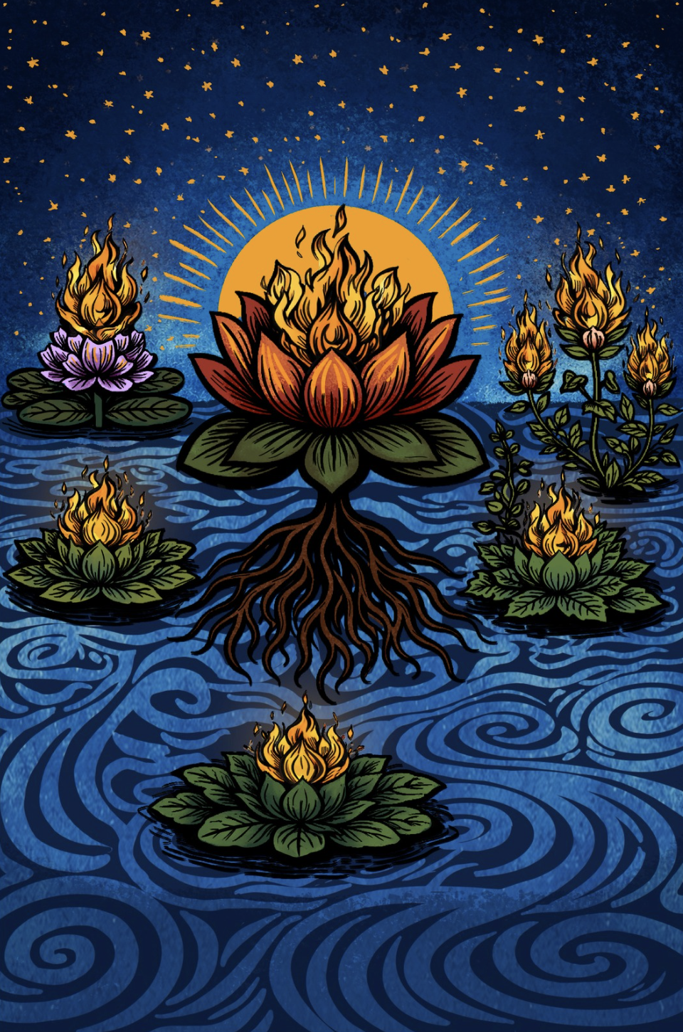 A lotus of flames rooted in swirling night waters, ringed by smaller fire flowers under a starry sky