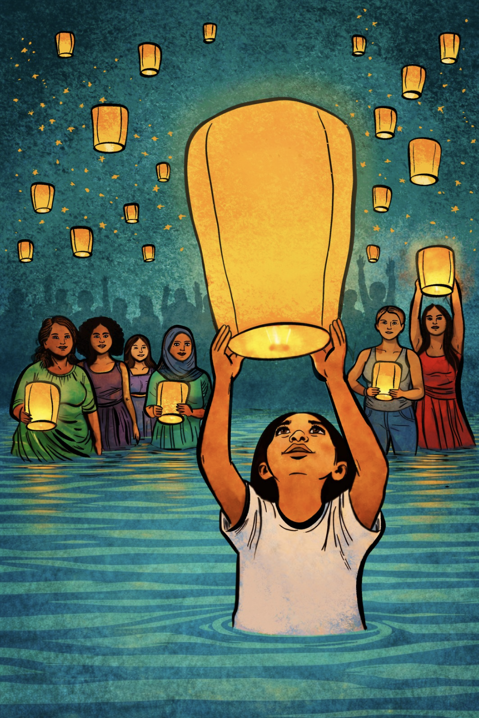 A child in water lifting a glowing paper lantern as a crowd of women release lanterns into the night