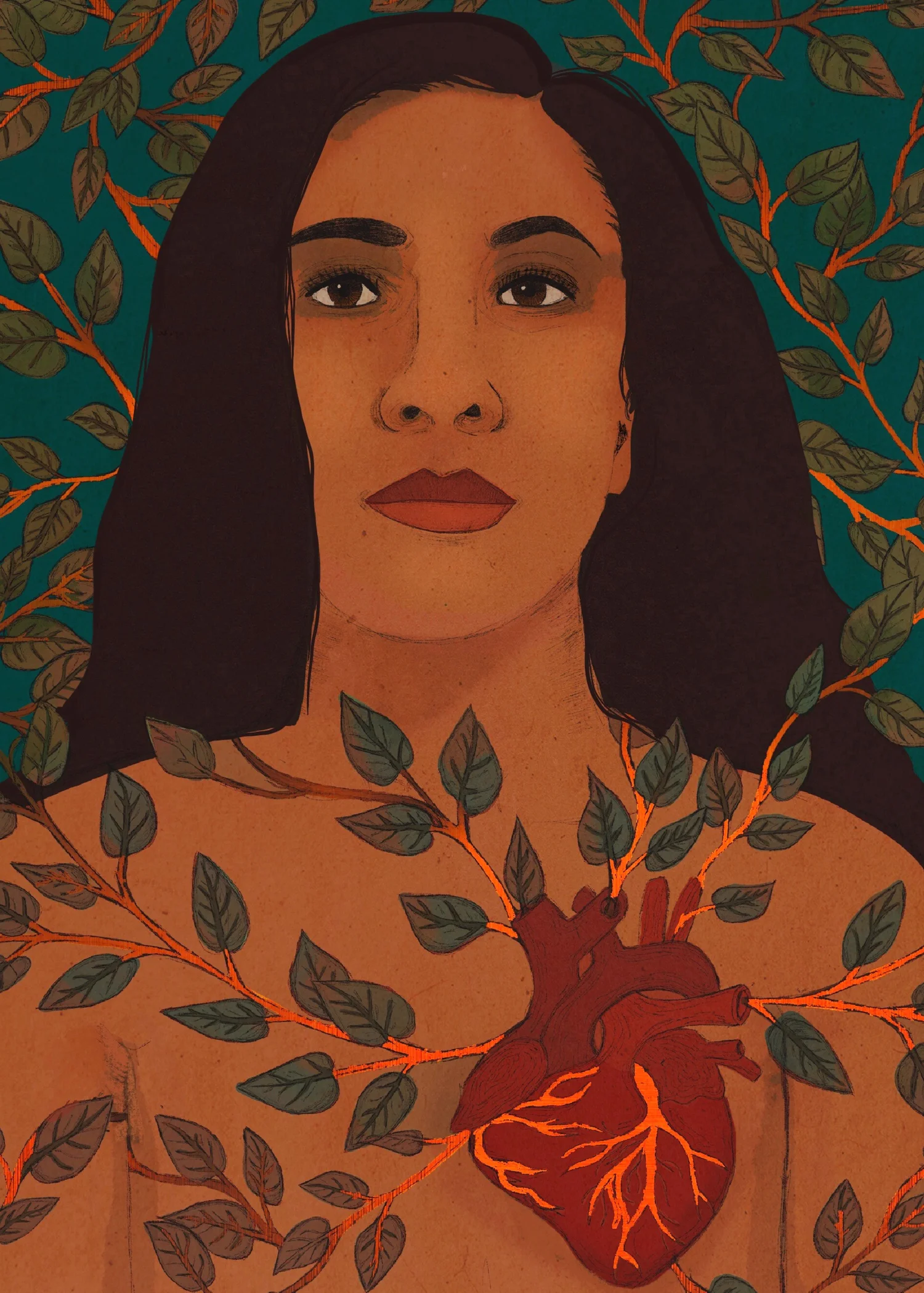 Painted portrait of a woman with a glowing anatomical heart and trailing leaves