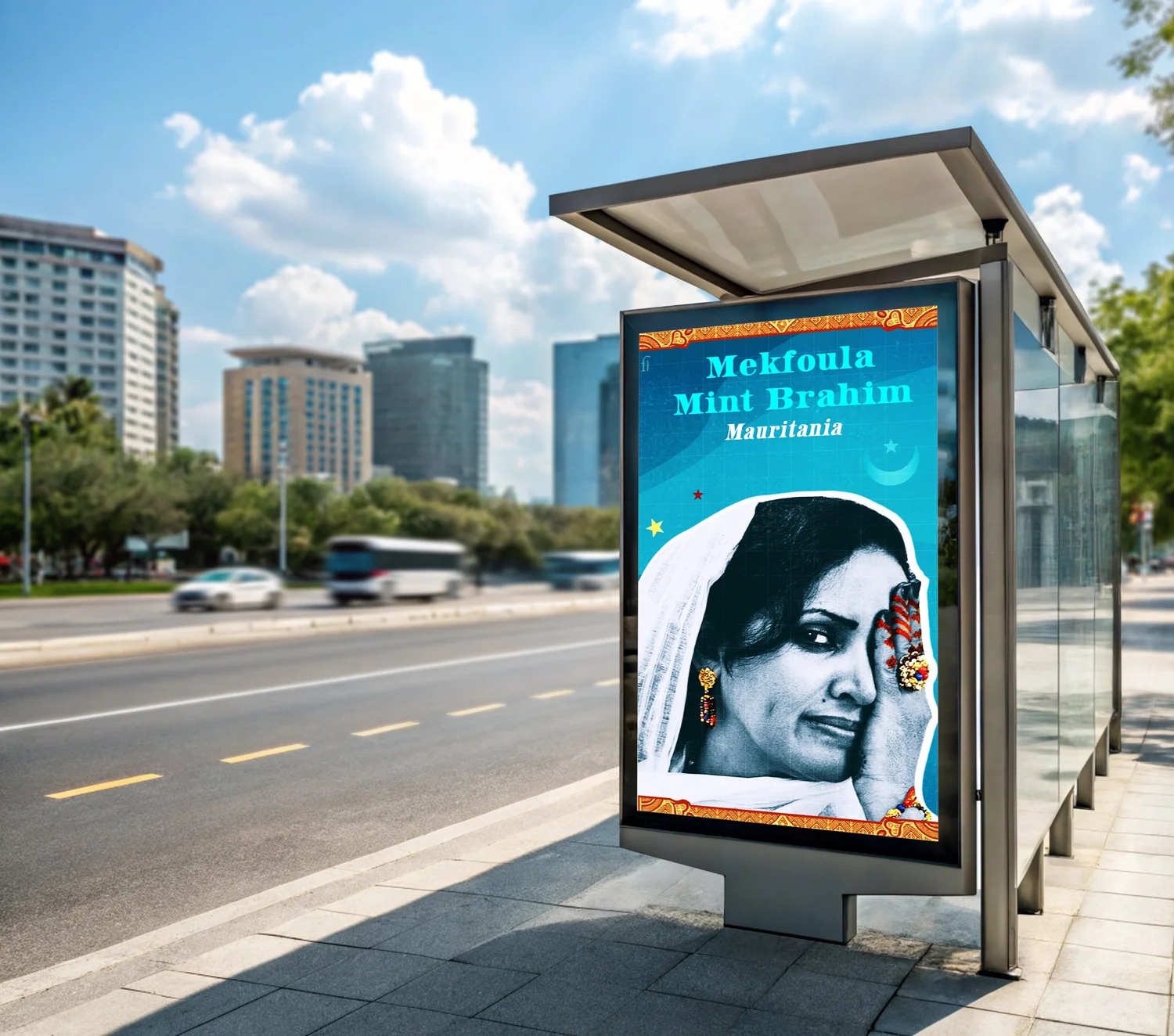 A roadside bus shelter billboard featuring a portrait of Mekfoula Mint Ibrahim of Mauritania.