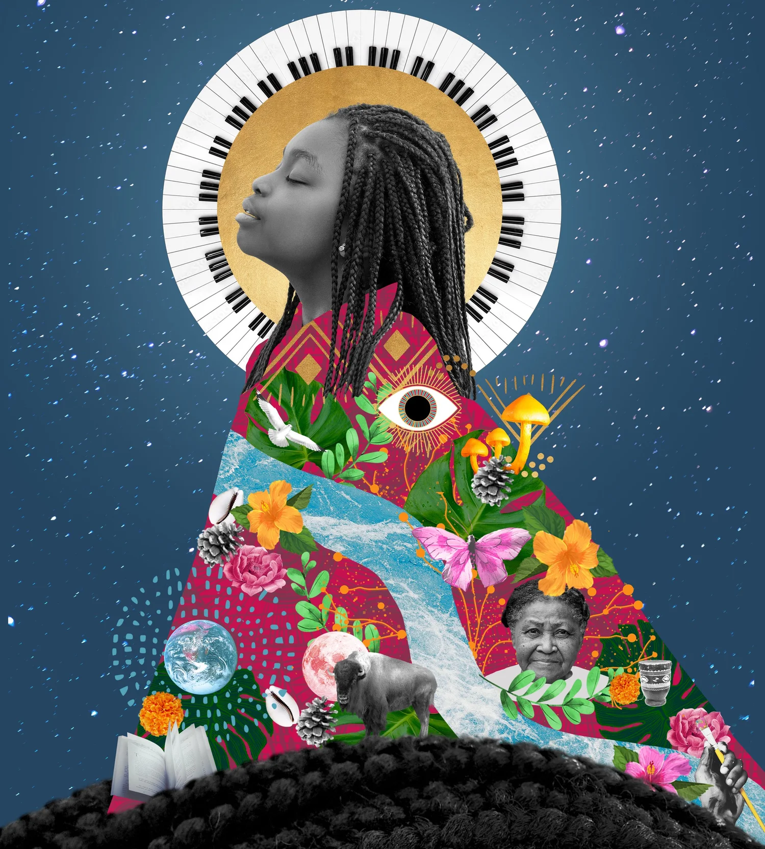 Collage portrait of a woman crowned by a halo of piano keys and layered natural imagery.