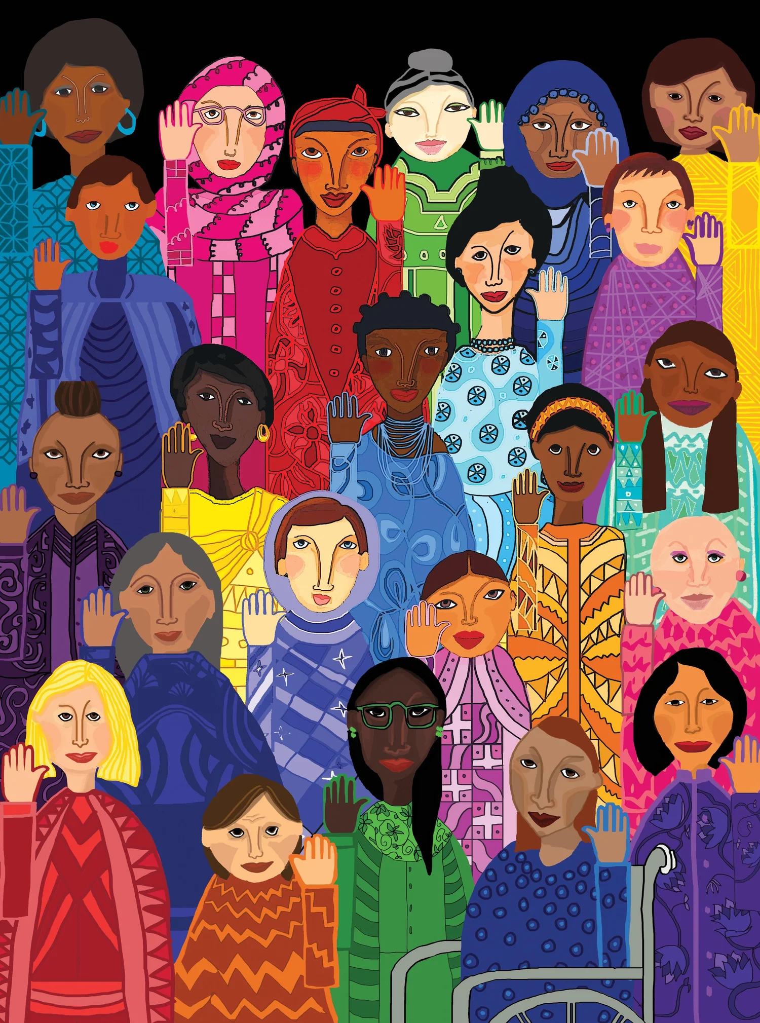 Dense illustrated crowd of people of many backgrounds holding books, tools and flowers