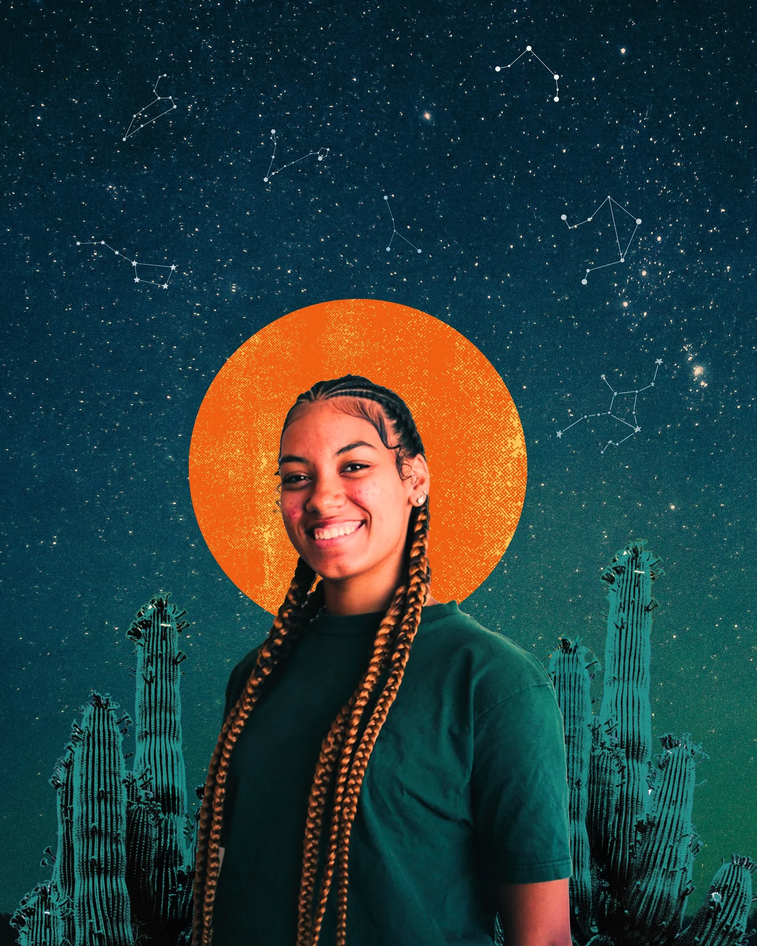 Young woman with braided hair haloed by an orange sun above a starry desert