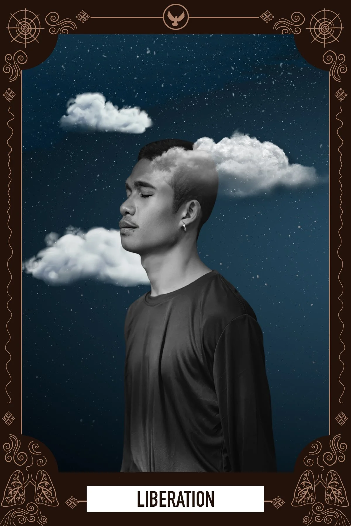 Tarot-style card titled Liberation showing a young man with clouds at his shoulders