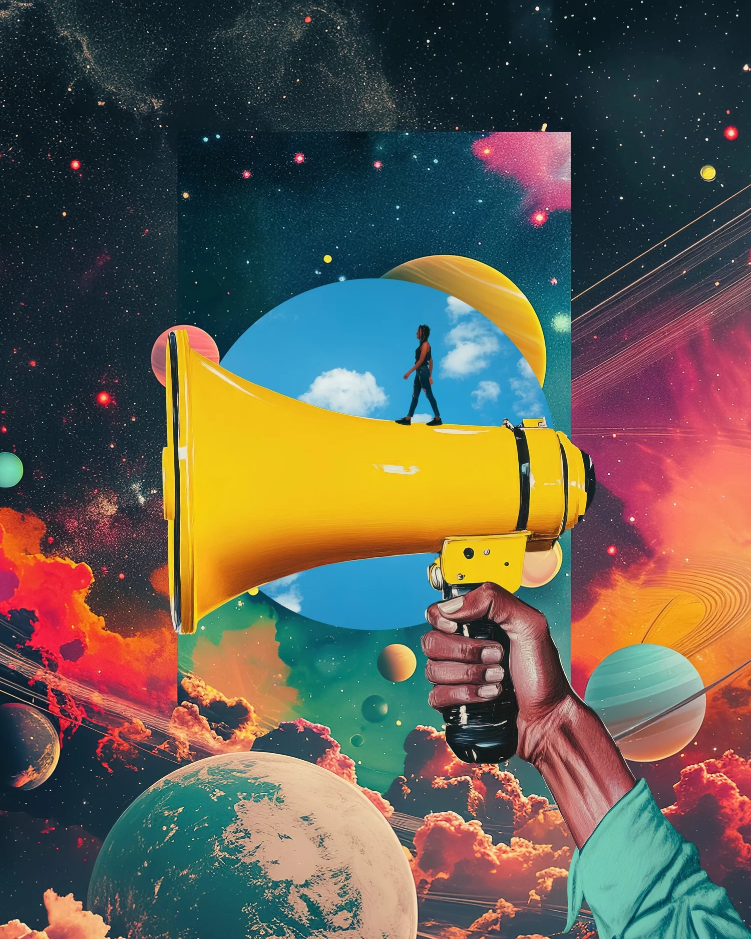 Collage of a hand raising a yellow megaphone against planets and swirling galaxies