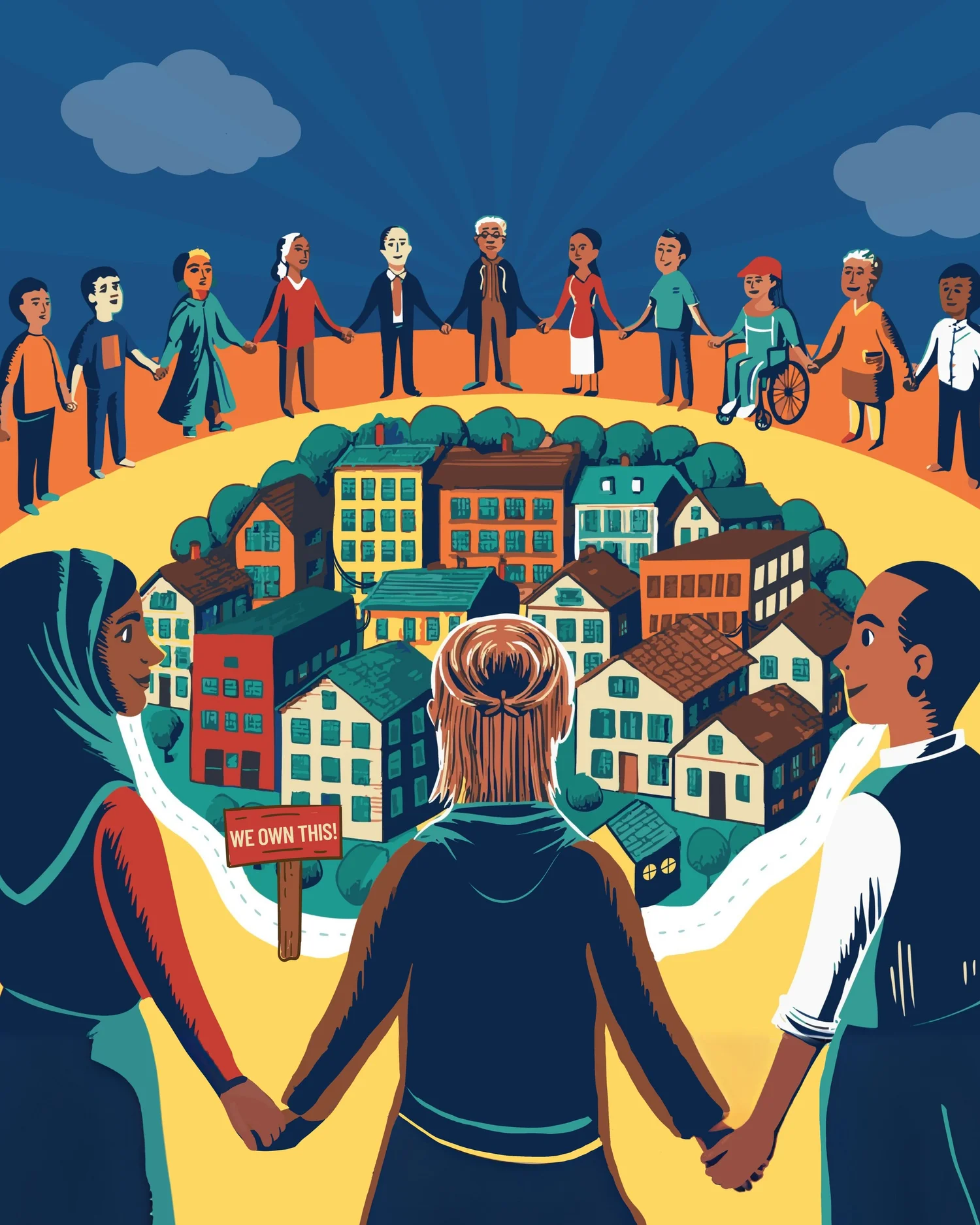Illustration of neighbours joining hands in a circle around a village of small houses