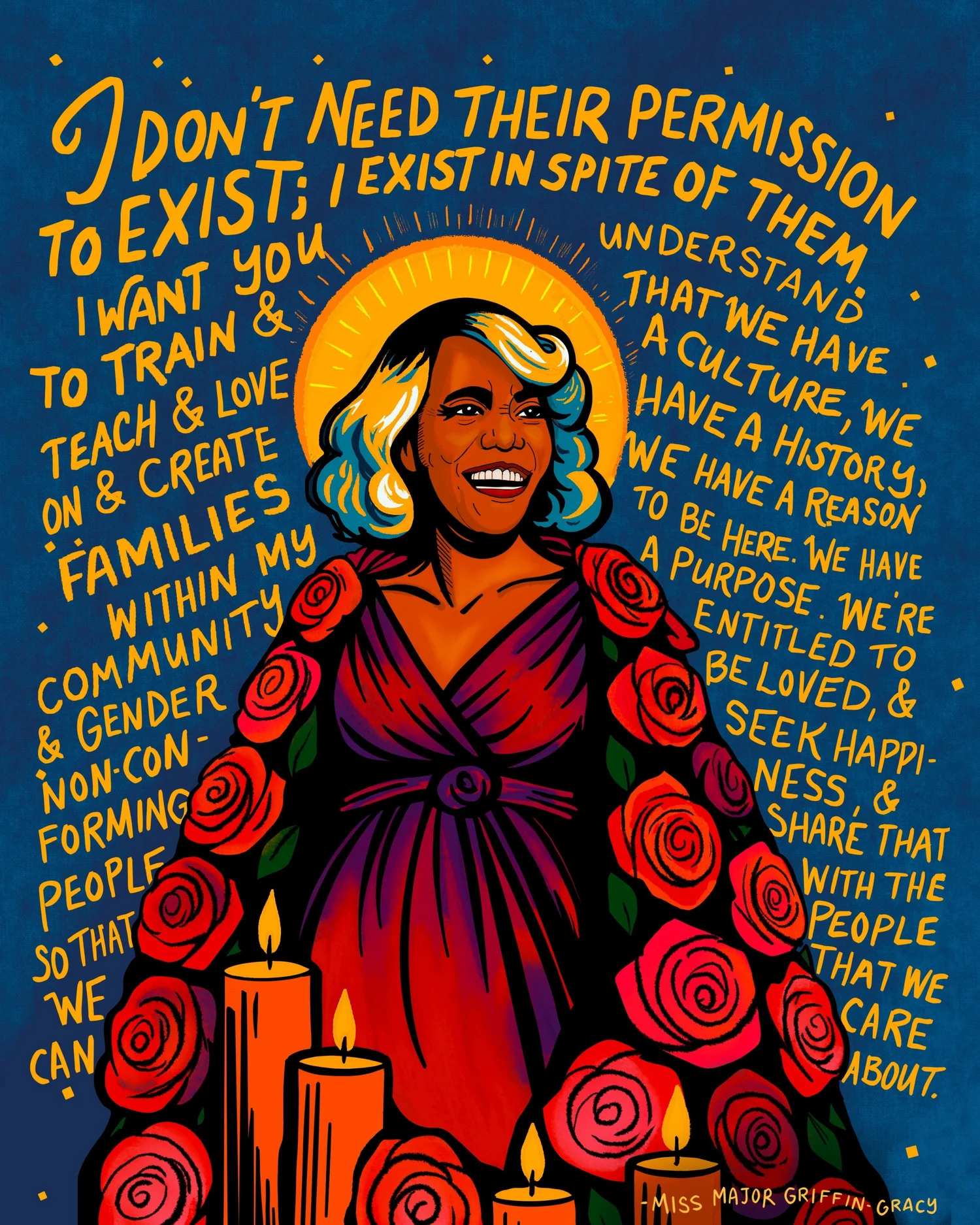 Hand-lettered poster of a woman in red among roses declaring she exists in spite of them