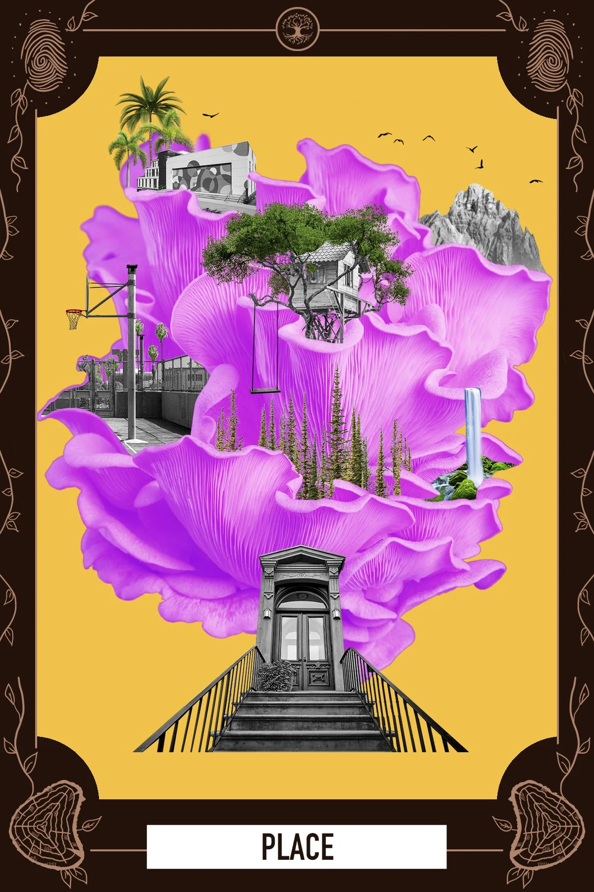 Tarot-style card titled Place showing a purple flower blooming over a classical staircase