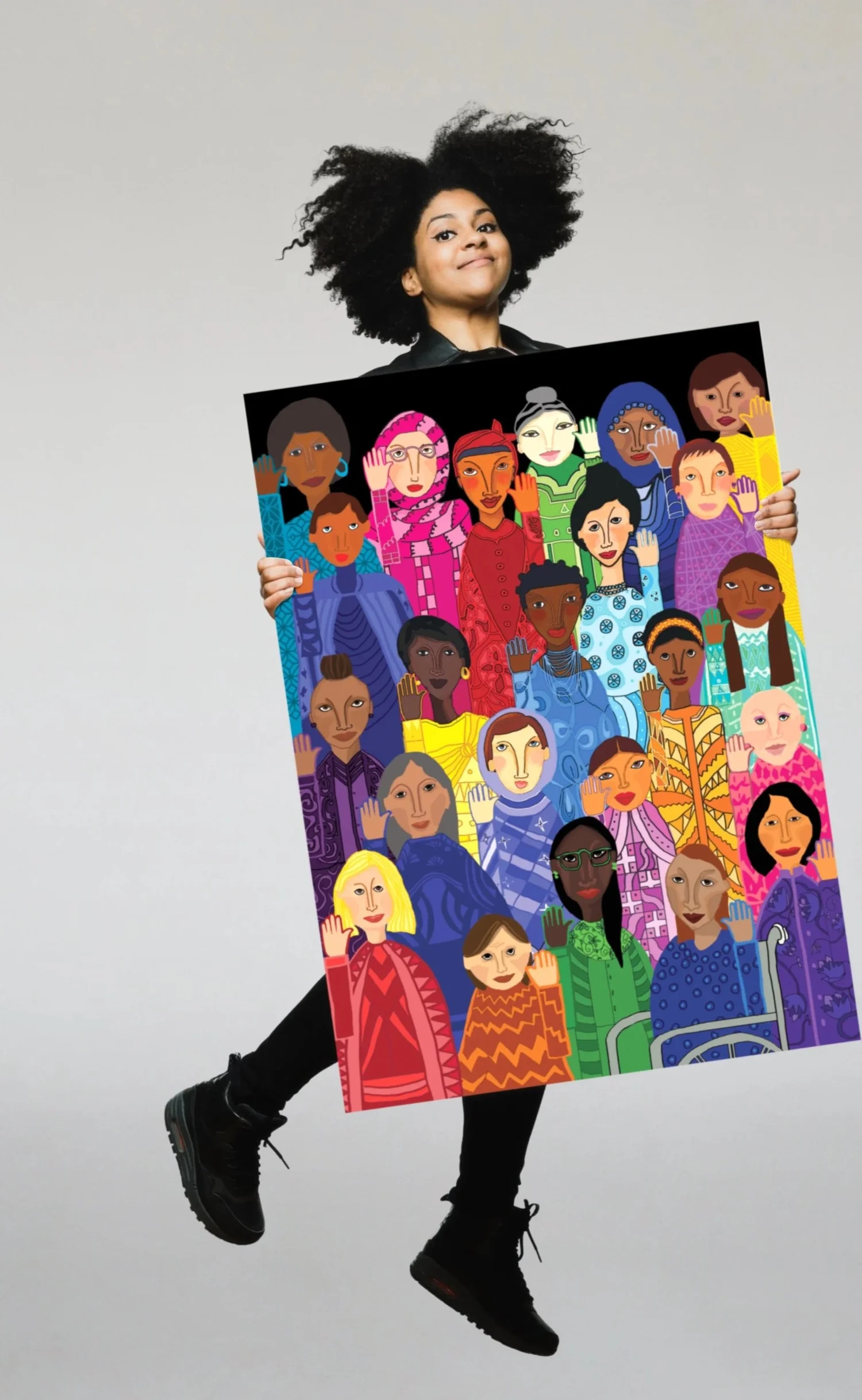 A person holding a large illustrated poster of a densely packed crowd of portraits.